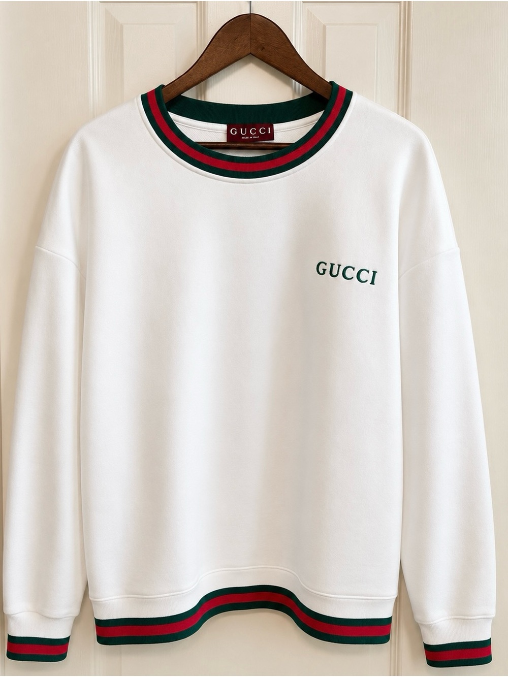 Gucci White Crewneck Sweater with Green & Red Stripe Trim